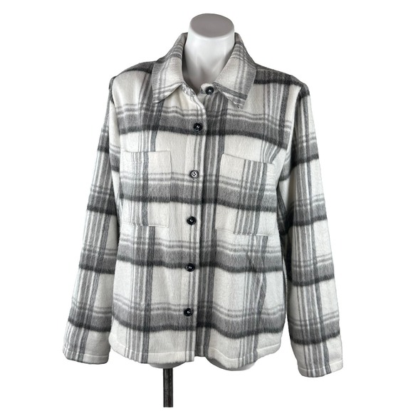 Melloday Jacket Shacket White Gray Plaid Waist Length Button Up Pocket Womens XL - Picture 2 of 10